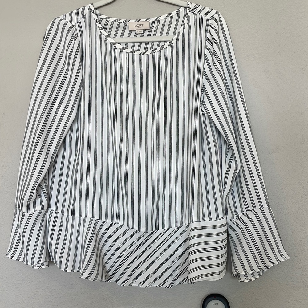 Loft black and white striped long sleeve blouse with ruffle detail
